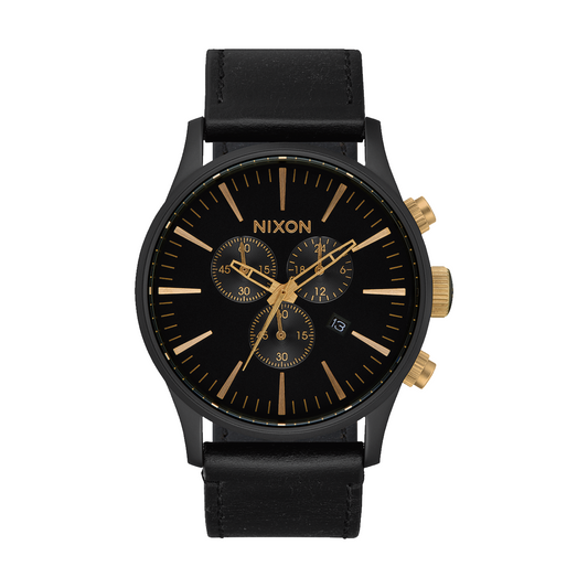 Nixon Sentry Chrono Matte Black/Gold/Black Leather Watch