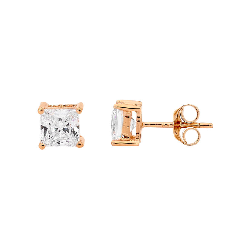 Rose Gold Plated Princess cut Cubic Zirconia Stud Earrings
