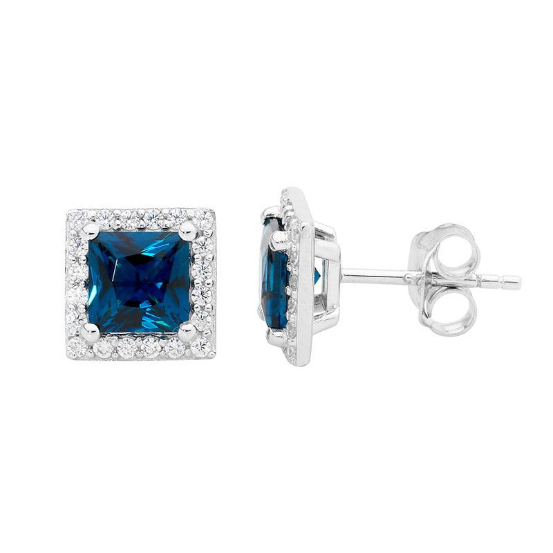 Sterling Silver London Blue and White Cubic Zirconia Stud Earrings
