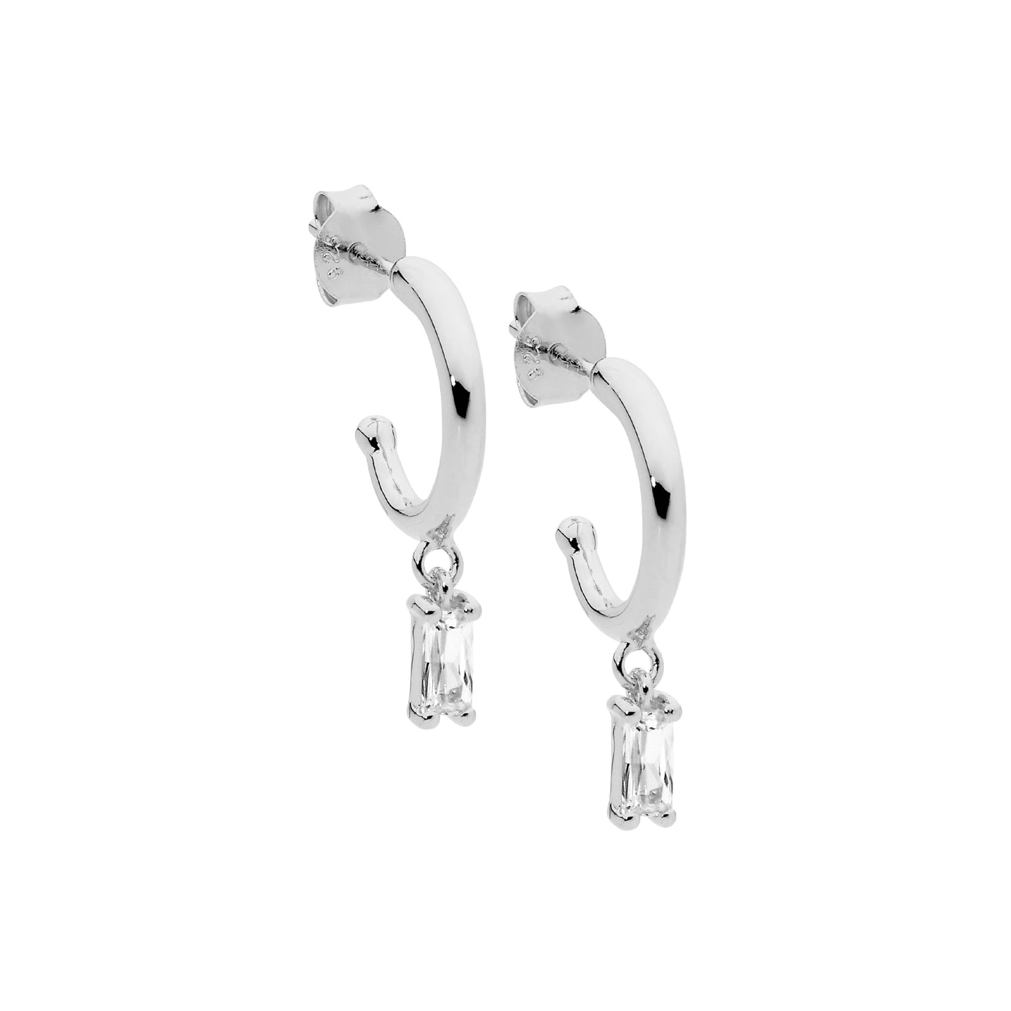 Sterling Silver Baguette Cubic Zirconia Drop Hoop Earrings