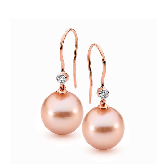 9ct Rose Gold Edison Pink Freshwater Pearl Diamond Earrings