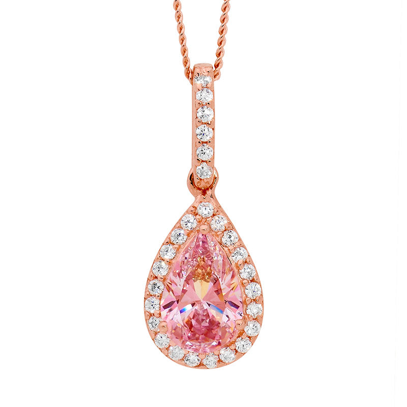 Rose Gold Plated Morganita Look Cubic Zirconia Halo Drop Pendant