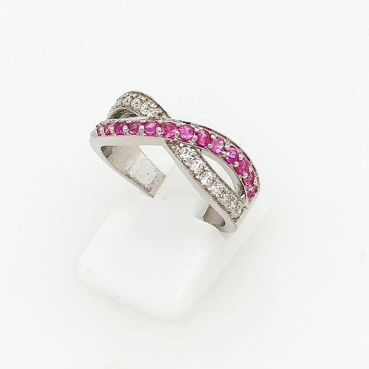 9ct White Gold Pink Sapphire and Diamond Cross Over Ring