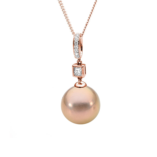 9ct Rose Gold Pink Edison Freshwater Pearl and Diamond Pendant