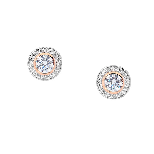 Sterling Silver Cubic Zirconia Halo Stud Earrings with Rose Gold Plating