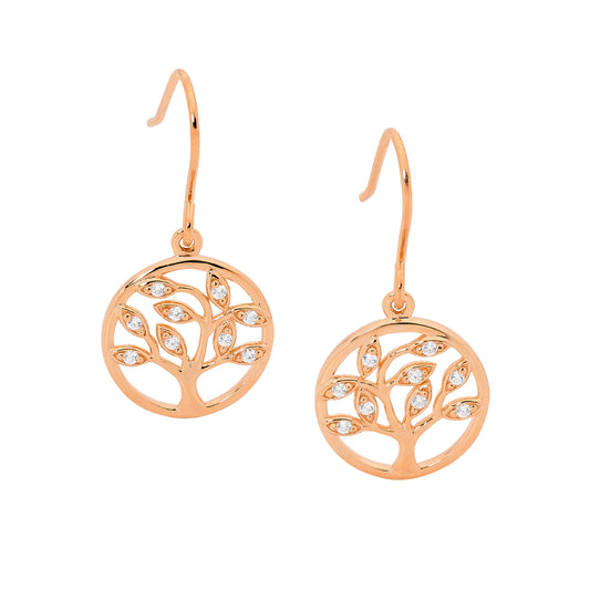 Rose Gold Plated Tree of Life Cubic Zirconia Drop Earrings