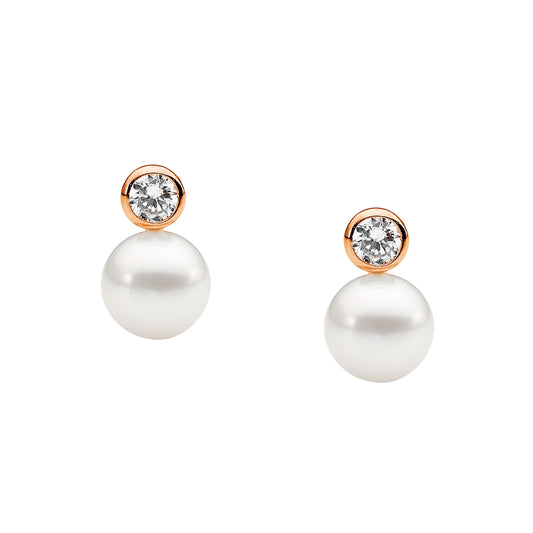 Rose Gold Plated Freshwater Pearl and Cubic Zirconia Earrings