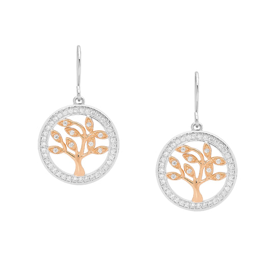 Sterling Silver Tree of Life Cubic Zirconia Earrings with Rose Gold Plating
