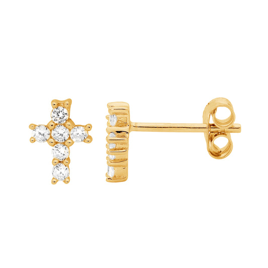 Gold Plated Cubic Zirconia Cross Stud Earrings