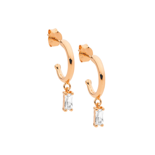 Rose Gold Plated Baguette Cubic Zirconia Drop Hoop Earrings