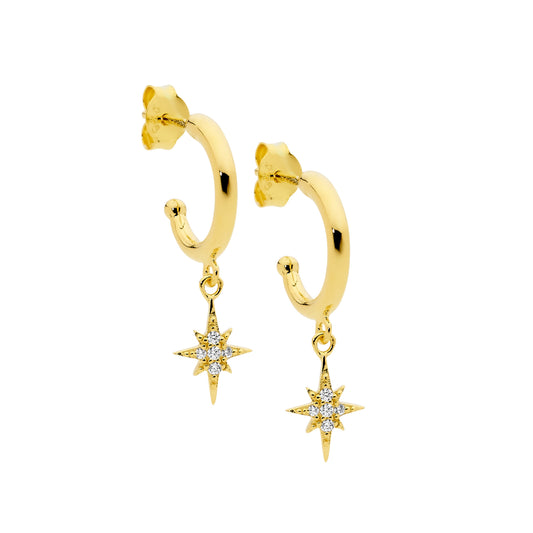 Gold Plated Cubic Zirconia Star Drop Hoop Earrings