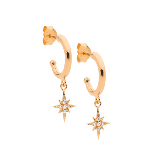 Rose Gold Plated Cubic Zirconia Star Drop Hoop Earrings