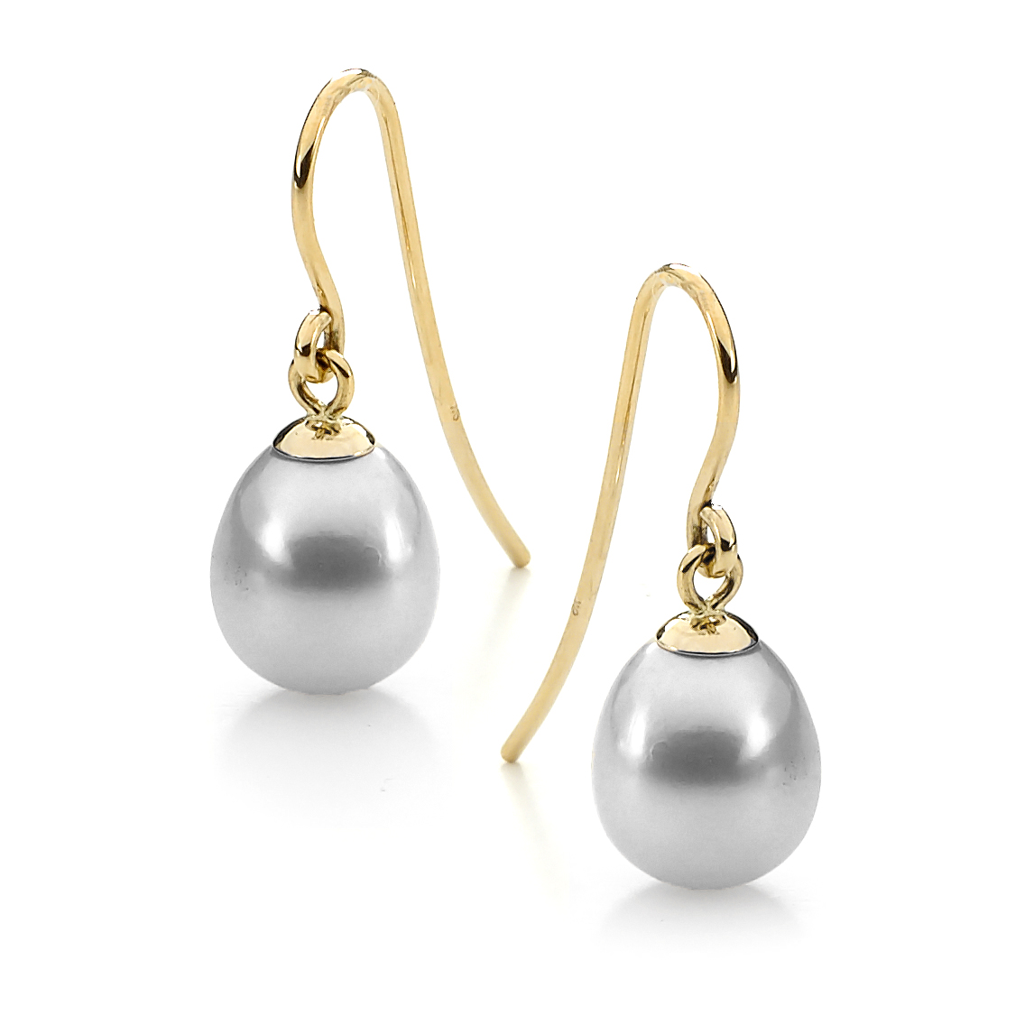 9ct Yellow Gold Dyed Grey Drop Freshwater Pearl Earrings