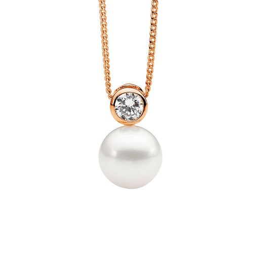 Rose Gold Plated Freshwater Pearl and Cubic Zirconia Pendant