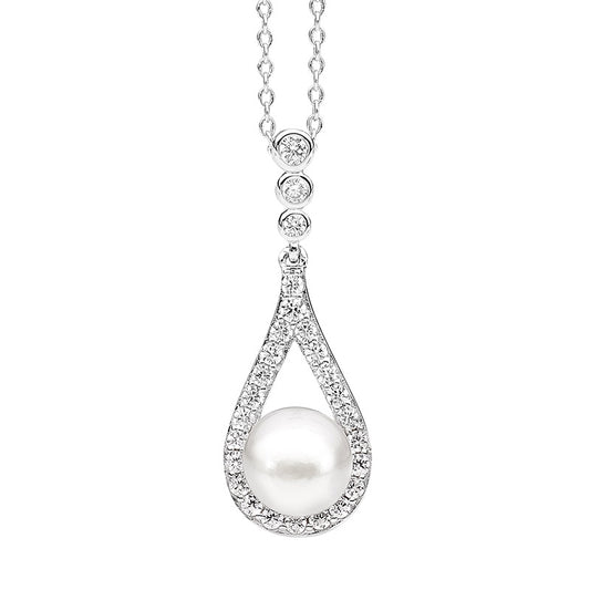 Sterling Silver Freshwater Pearl and Cubic Zirconia Tear Drop Pendant