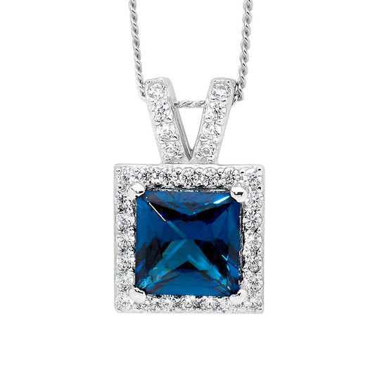 Sterling Silver London Blue Princess cut Cubic Zirconia Pendant