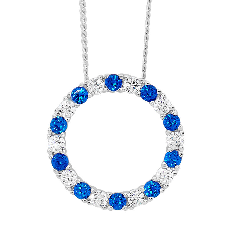 Sterling Silver Dark Blue and White Cubic Zirconia Open Circle Pendant