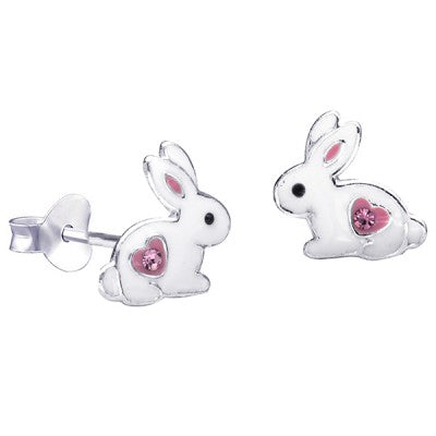 Sterling Silver Rabbit with Heart Stud Earrings