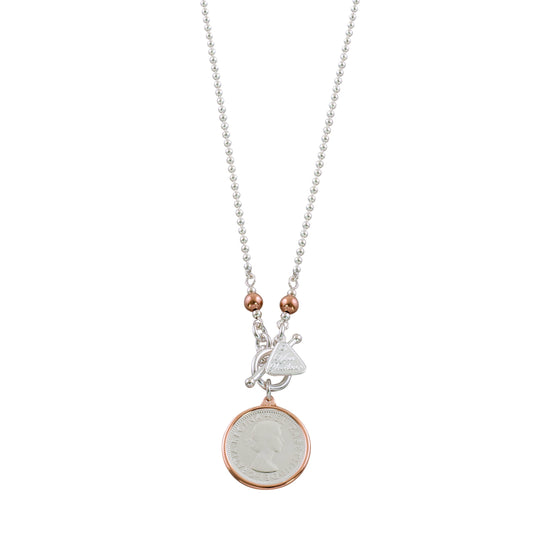 Von Treskow Sterling Silver Ball Necklace with Shilling and Rose Gold Plated Bezel